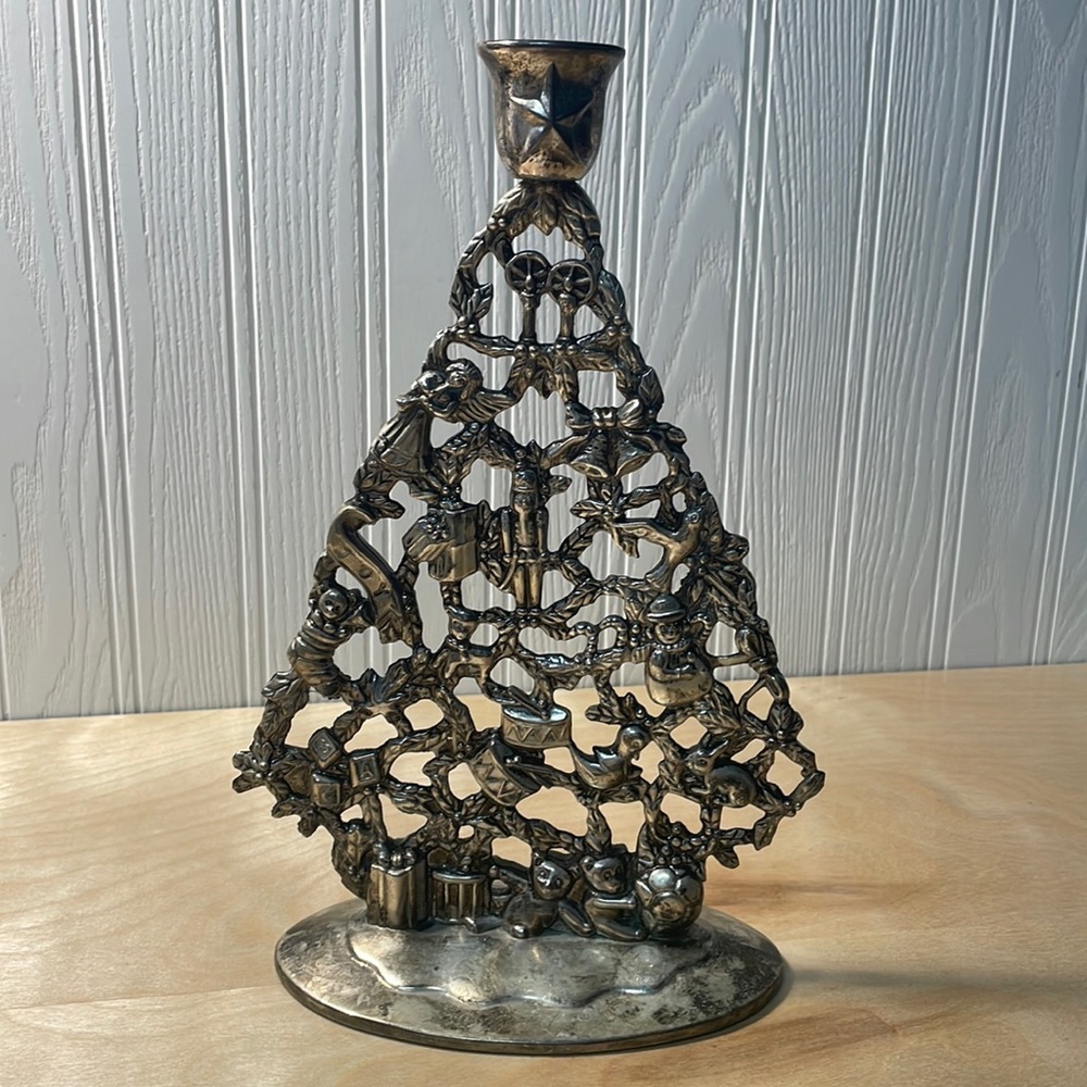 Vintage Silver Plate Christmas Tree Taper Candle Holder